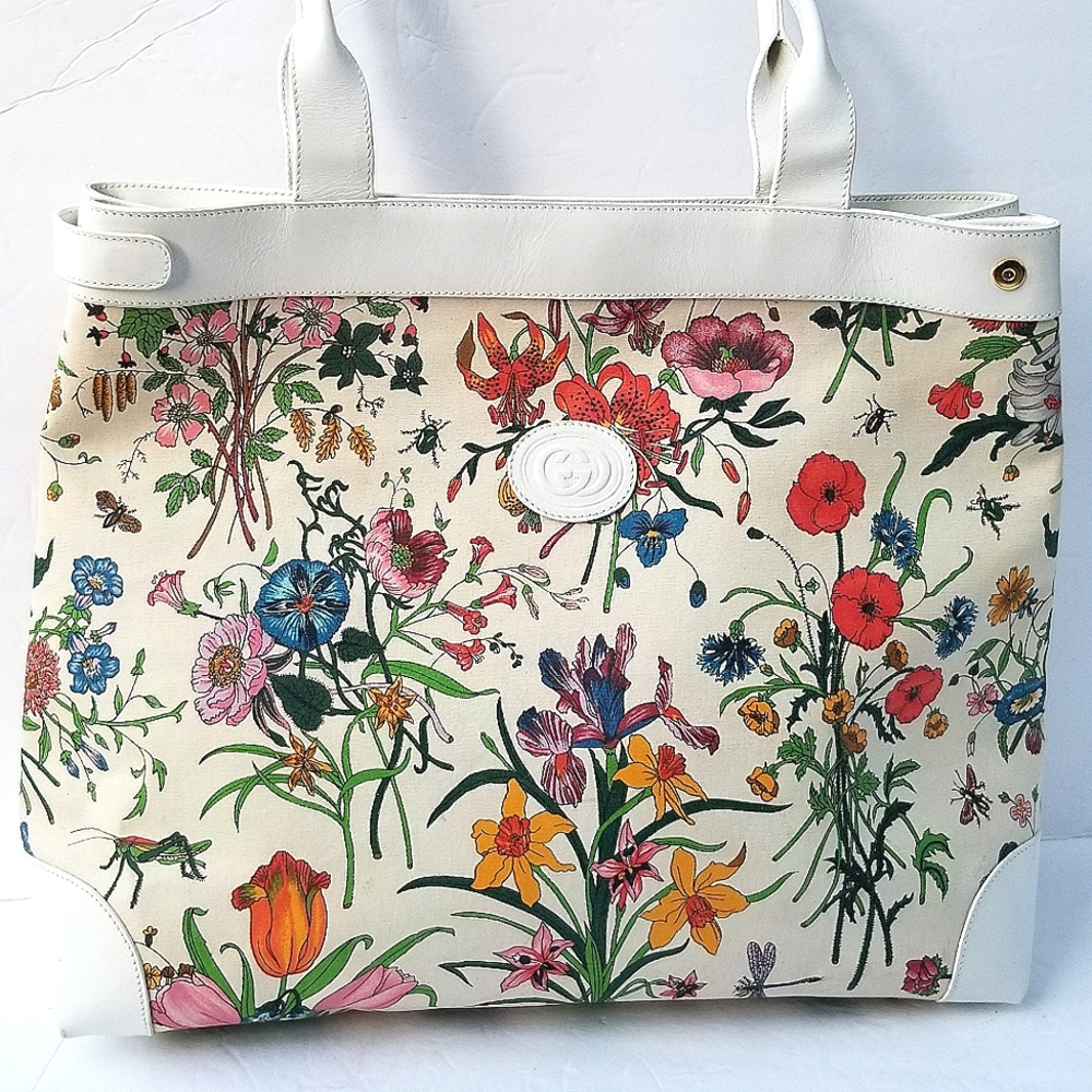Fabulous  Rare Vintage Gucci  Flora Floral Tote Bag - White and Multicolor - Picture 8 of 16